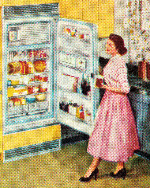 Woman Standing at Open Refrigerator Woman Standing at Open Refrigerator housewife stock illustrations