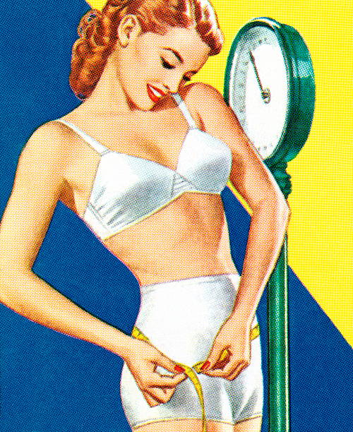 Woman Standing on a Scale Woman Standing on a Scale dieting illustrations stock illustrations
