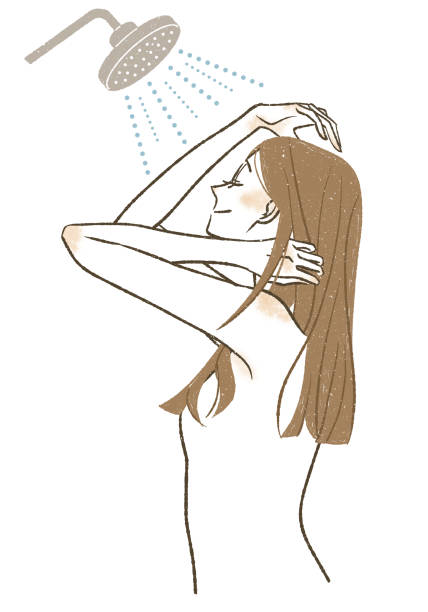stockillustraties, clipart, cartoons en iconen met vrouw die een douche neemt - woman washing hair