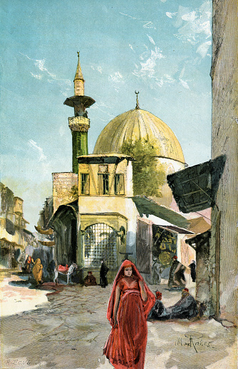 Woman walking in sttreet at Cairo Egypt 1897
Original edition from my own archives
Source : Zur guten Stunde 1897
Painting : Max Rabes
