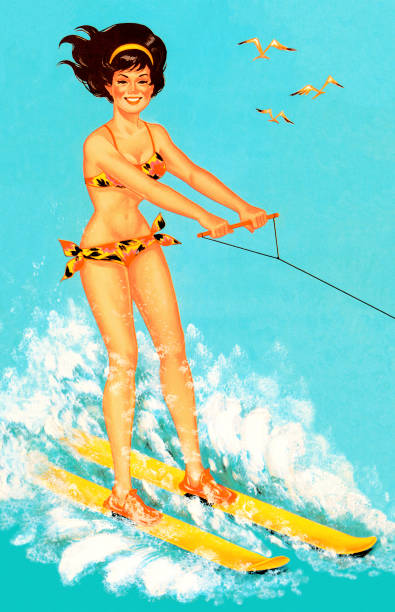stockillustraties, clipart, cartoons en iconen met woman waterskiing - posing with ski
