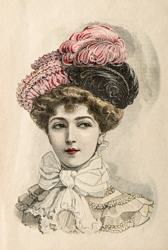 Woman wearing vintage elegant dress and hat. Antique fashion engraving from 1899, France, Paris