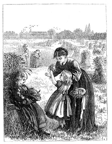 Woman with children in wheatfield harvest Engraving  1868 magazine vector art illustration
