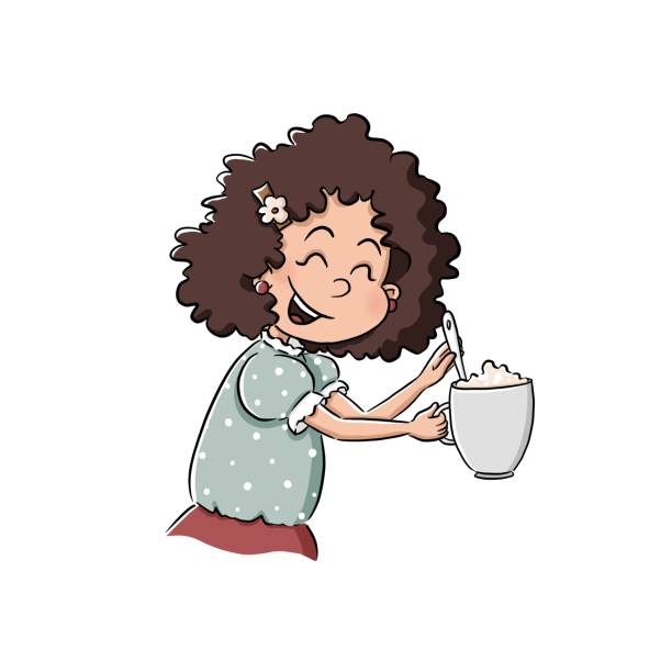 ilustraciones, imágenes clip art, dibujos animados e iconos de stock de mujer con el pelo rizado de color oscuro y taza de café con crema. colección de vida cotidiana. - curley cup