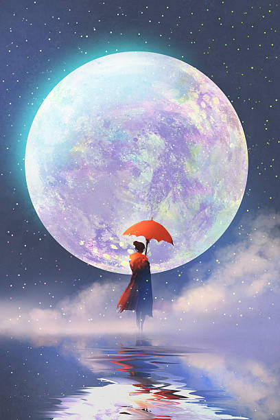 woman with umbrella standing against full moon background woman with red umbrella standing on water against full moon background,illustration painting full moon illustrations stock illustrations