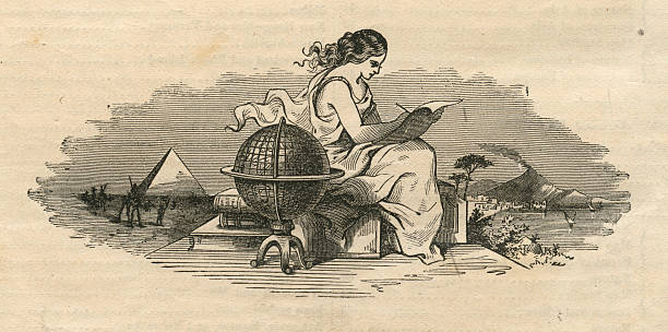 Woman Writing by World Globe, Antique 1871 Illustration vector art illustration