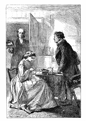 A woman sits at a table and mends. One man stands as another male visitor opens the door.  Illustrations published in 1899. Original is in my private collection. Copyright has expired and is in Public Domain.