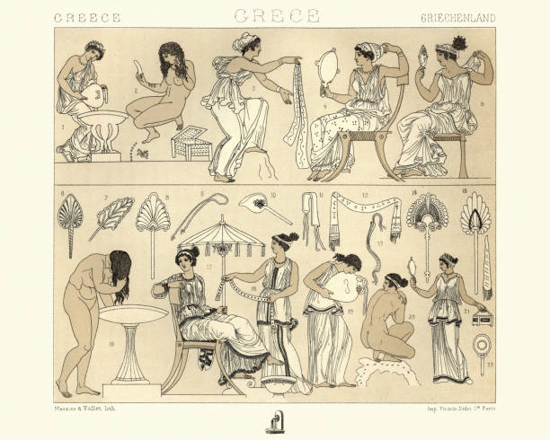 stockillustraties, clipart, cartoons en iconen met womens kostuums van het oude griekenland, wassen, zich kleden in palla - woman washing hair