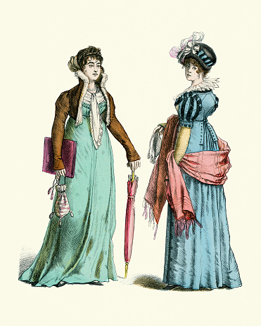 Vintage illustration, Women's fashions of the early 19th Century, High waisted dress, shawl, short jacket