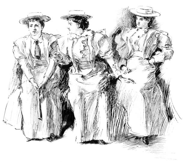 Women’s Suffragists in New York City, New York, United States - 19th Century Three women’s suffragists in New York City, New York, USA. Vintage etching circa late 19th century. The suffragette movement would not begin for another decade. voting rights stock illustrations