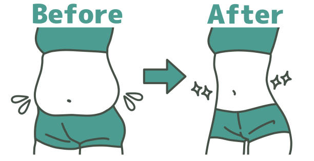 Women's waist before and after Before and after of thick waist and thin waist dieting illustrations stock illustrations