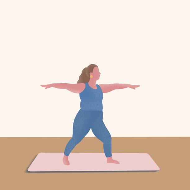 A women's yoga illustration Yoga, body positive, plus size, yoga mat, sports, relax, women's wear, yoga wear, plus size sports wear, healthy life asian yoga pants stock illustrations