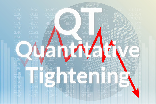 Words Quantitative tightening (QT) on gray financial background. Financial market concept