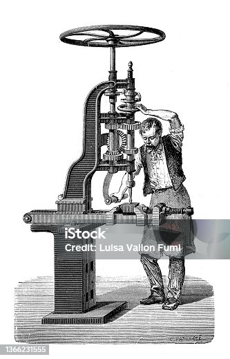 istock Worker busy in the workshop with a vertical drilling machine, 19th century engraving 1366231555