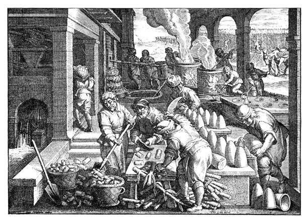Workers manufacturing sugar out of cane 16th century vector art illustration