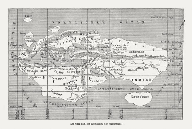 World map according to Eratosthenes (c.276 BC-c.195/194 BC) World map according to Eratosthenes of Cyrene (c. 276 BC - c. 195/194 BC, Greek polymath). Wood engraving, published in 1888. ancient history stock illustrations