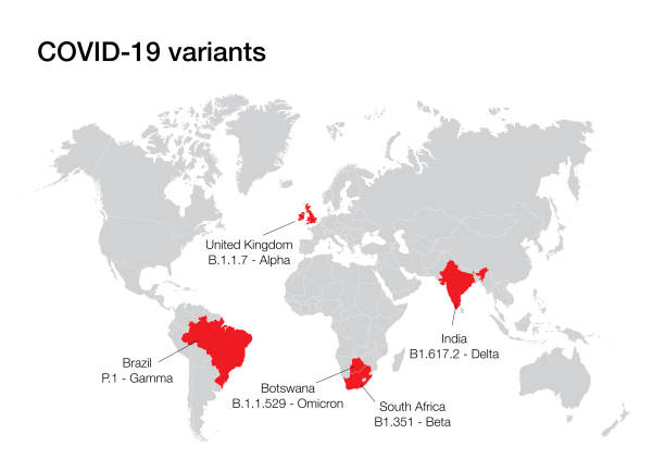 mapa świata z wariantami covid-19 - omicron stock illustrations