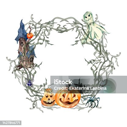 istock Wreath of bare branch watercolor illustration isolated on white. 1427846771