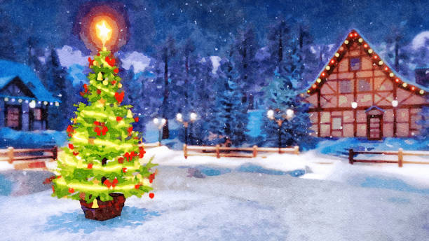 weihnachtsbaum in ländlichen landschaft bei nacht aquarell - alpen unscharf winter stock-grafiken, -clipart, -cartoons und -symbole