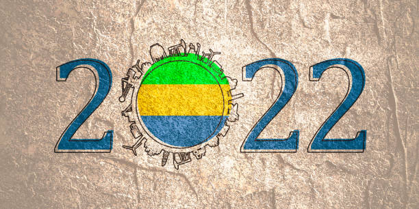 stockillustraties, clipart, cartoons en iconen met 2022 year number with industrial icons around zero digit. flag of gabon. - gabon