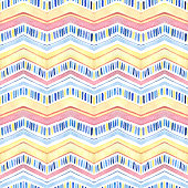istock Yellow, blue and pink watercolor zig zag seamless pattern. Hand painted modern geometric ornament. 1369737104