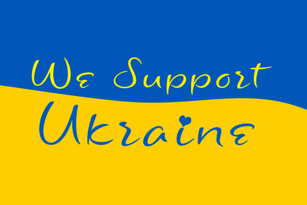 yellow blue flag support ukraine war protest handwritten text words typography united ukrainian refugees love signage message vector art illustration