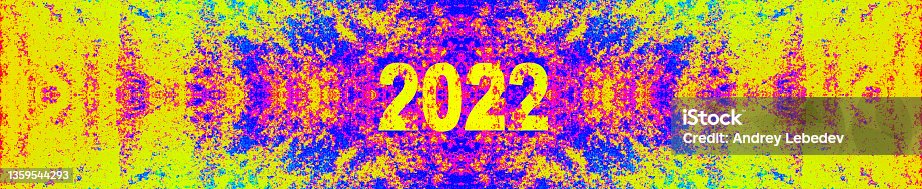 istock Yellow inscription 2022 on a colorful psycedelic background, painting in a bright colors of yellow, red, blue, purple, pointillism, neo-impressionism, new yar 2022 1359544293