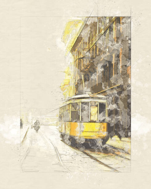 illustrazioni stock, clip art, cartoni animati e icone di tendenza di yellow tram car milano - tecnica digitale mista - milano