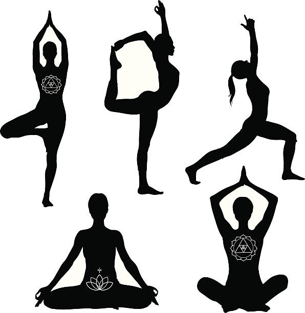 Yoga poses black silhouettes "Yoga poses: lotus, lord of the dance, warrior I and tree pose." yoga silhouettes stock illustrations