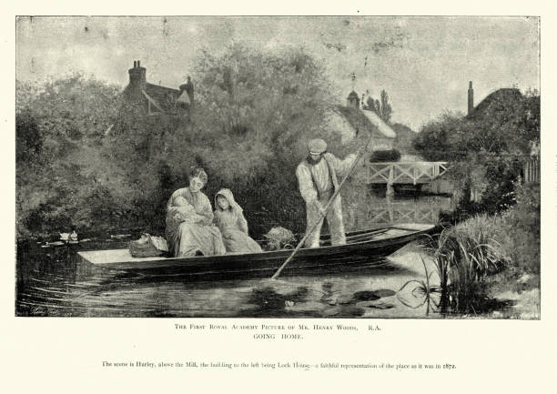ilustrações de stock, clip art, desenhos animados e ícones de young family punting on the thames at hurley, 19th century - chalana