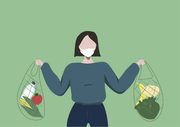 eko alışveriş çantaları ile genç kız kısa saç alışveriş - salah stock illustrations