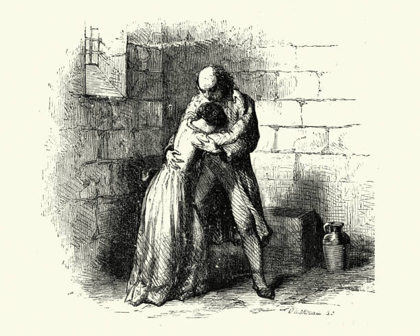ilustrações de stock, clip art, desenhos animados e ícones de young victorian woman visiting her father in prision, 1855 - prision