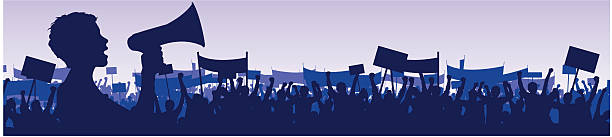 young woman leading demonstration with megaphone vector art illustration