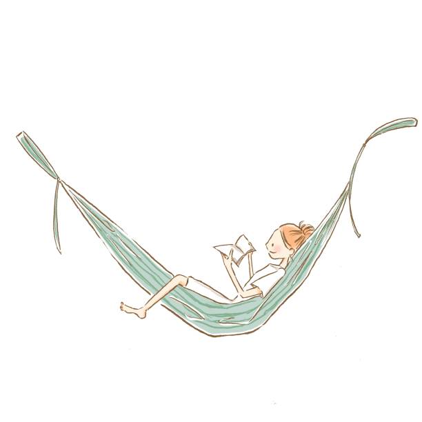 bildbanksillustrationer, clip art samt tecknat material och ikoner med en ung kvinna som ligger på hängmatta och läser en bok - läsa sommar