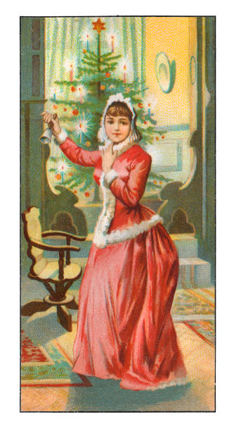 Young woman ringing bell at christmas tree art nouveau illustration vector art illustration
