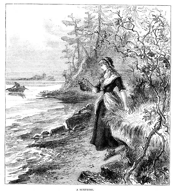 Young woman staniding on shore rowing boat from 1880 journal vector art illustration