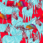 istock Zebras and rainbow chameleons on red background, seamless pattern with stripes, animalistic background illustration 1369326905