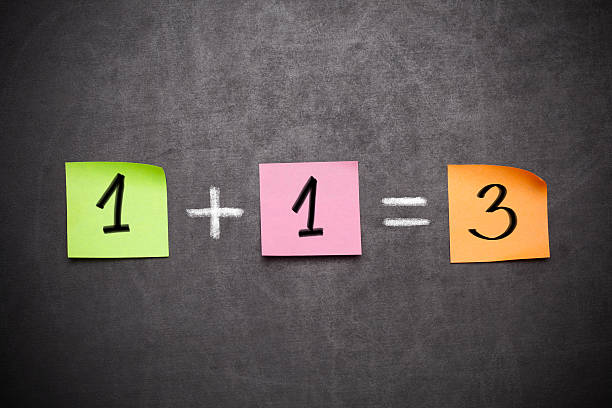 1+1=3 1+1=3 as mathematical calculations on  blackboard equal sign stock pictures, royalty-free photos & images