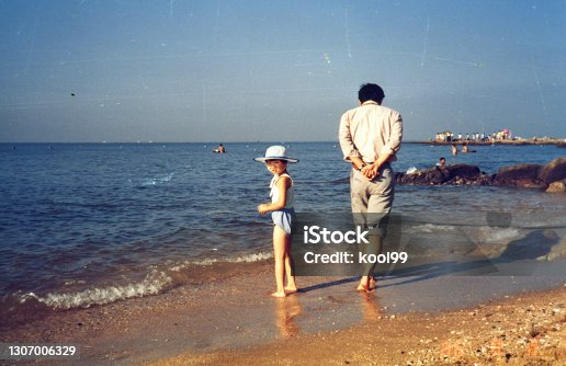 istock 1980s China Little Girl and Father Old Photo of Real Life 1307006329