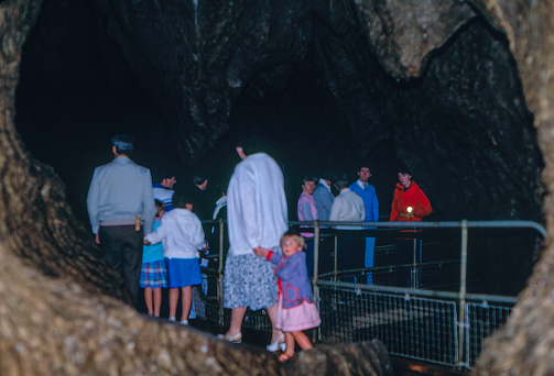 July and August -1986, old Positive Film scanned, Tourists are going to adventure Marble Arch Caves, Enniskillen,  Northern Ireland.