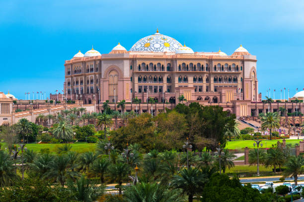Abu Dhabi, UAE - March 30. 2019.Emirates Palace - luxury hotel surrounded by about 85 hectares of lawn and gardens stock photo
