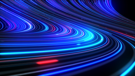3d abstract neon background space and time strings, highway night lights. Ultra violet rays, glowing lines, virtual reality, speed of light.