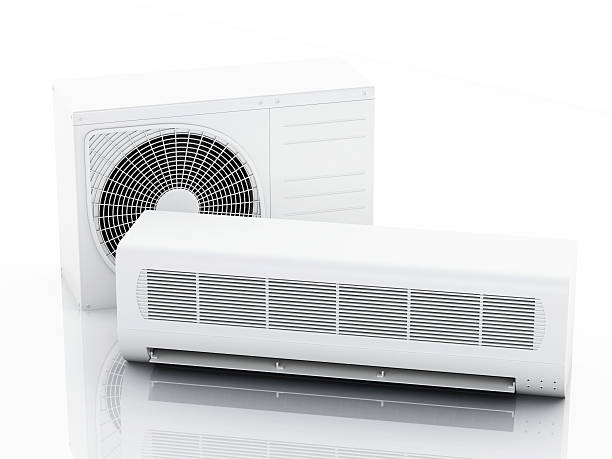 3d Air conditioner system 3d renderer illustration. Air conditioner system. Summer concept. Isolated white background doing the splits stock pictures, royalty-free photos & images