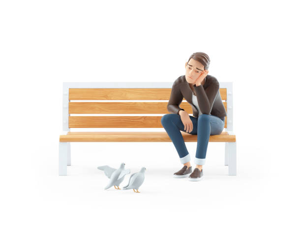 3d bored cartoon man sitting on public bench stock photo