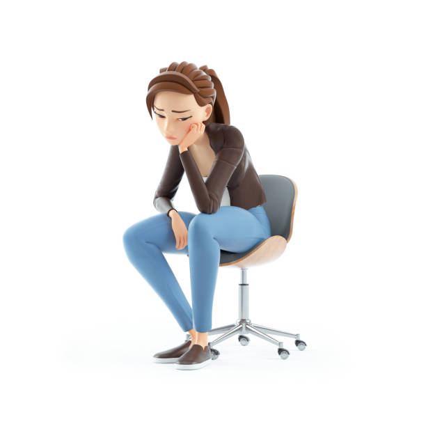 3d bored cartoon woman sitting on chair stock photo