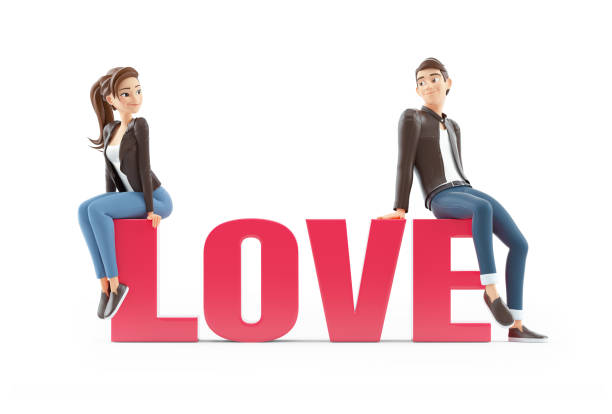 3d cartoon couple sitting on word love stock photo