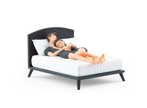 3d cartoon couple sleeping together in bed stock photo