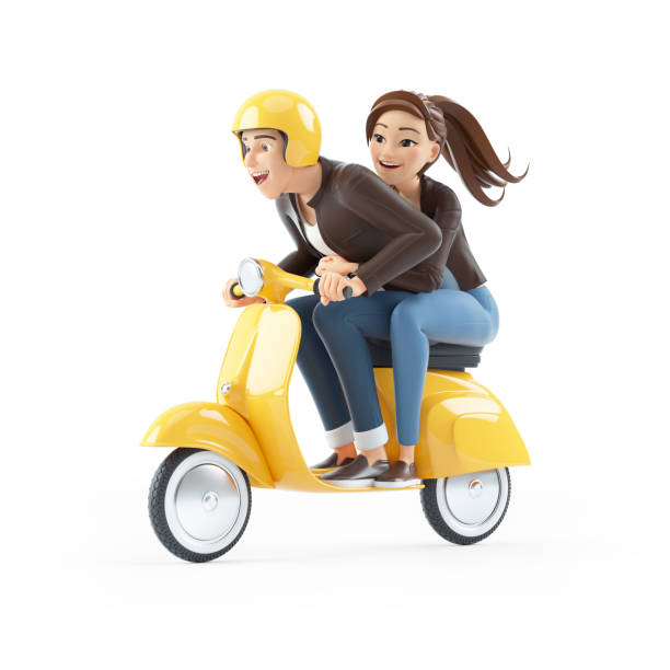 3d cartoon man and woman riding a scooter stock photo