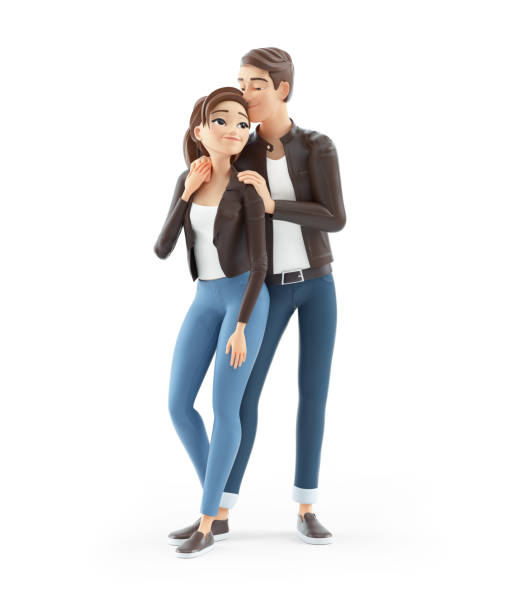 3d cartoon man and woman standing together stock photo