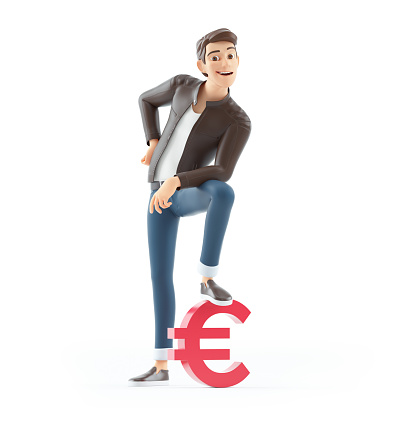 3D Comic Man with Piggy Shaped Euro Coin on white Background